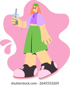 Menina estilizada com longos cabelos laranja segurando chá de bolha, vestindo uma saia verde e top roxo. Design plano minimalista com sapatos grandes e fundo rosa abstrato.