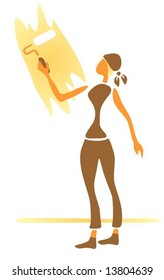 The stylized girl paints a wall. Digital illustration.
