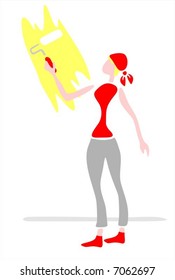 The stylized girl paints a wall. Digital illustration.