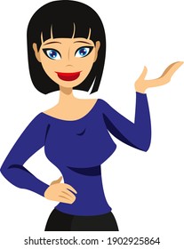 Stylized girl shows something with her hand. Vector illustration