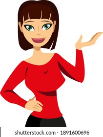 Stylized girl shows somewhere with her hand. Vector illustration