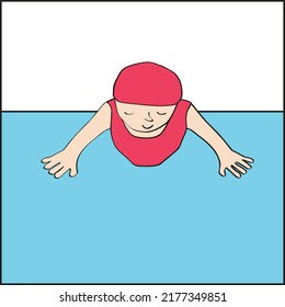 Stylized Girl Swims Underwater With Breaststroke In The Pool, Vector Illustration