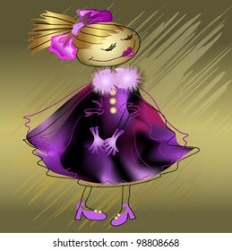 the stylized girl in a violet dress and pink shoes, drawing by hand