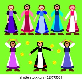 Stylized girls figurines in rural dress in long skirts with an apron and shirt with full sleeves dancing in a row. Other girls they put on his head wreaths of dandelions. Vector flat graphic. 