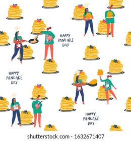 Stylized  girls with making pancakes. Stacks of ready-made pancakes. Hand drawn people and text: happy pancake day. Vector element of seamless pattern