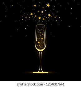 stylized glass of champagne with confetti of gold stars on a black background