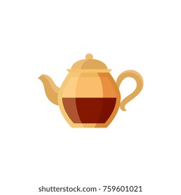 Stylized glass flat style teapot, half full of tea, vector illustration isolated on white background. Flat style glass, transparent teapot, tea pot icon