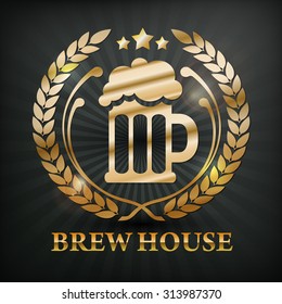 Stylized glass mug of  light beer & wreath on black, vector illustration