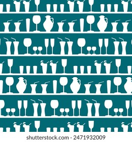 Stylized glasses and goblets.Vector seamless pattern with contour glasses on a colored background.