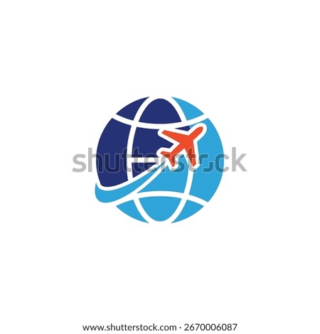 A stylized globe with an airplane taking off, symbolizing global travel and air transportation.  The design is simple and clean.