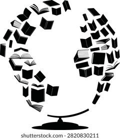 A stylized globe constructed from numerous open books representing worldwide learning.
