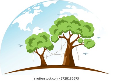 A stylized globe featuring lush green trees on a curved landmass, symbolizing environmental sustainability, nature protection, and the harmony between Earth and life.