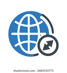 Stylized globe icon with a circular arrow indicating global connectivity and data transfer.