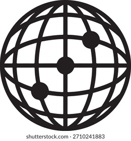 Stylized globe icon with grid lines and three connecting dots, isolated on a white background. Simple, modern, and minimalist design.