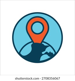Icono estilizado del globo con el pin rojo del mapa en insignia circular. Ideal para ubicación, viajes o temas globales. Diseño limpio y moderno para interfaces digitales.