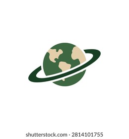 Stylized globe with ring in flat design. Represents ecological care and planetary health. Useful for corporate environmental initiatives and nonprofit campaigns.