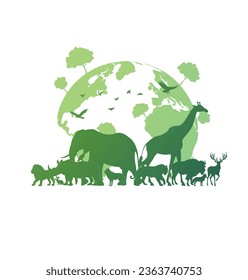 A stylized globe with silhouettes of diverse animals and flying birds, ideal for World Animal Day and conservation-themed visuals.