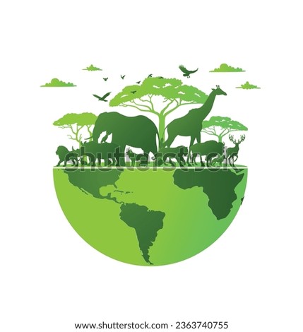 A stylized globe with silhouettes of diverse animals and flying birds, ideal for World Animal Day and conservation-themed visuals.