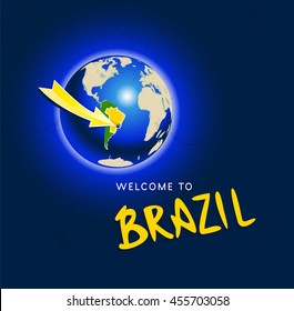 Stylized Globe in space, views of South America, accented Brazil. Rio de Janeiro location marked. The planet is surrounded by the atmosphere and dark blue space. Inscription Welcome to Brazil 