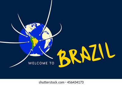 Stylized Globe in space, views of South America, accented Brazil. Rio de Janeiro location marked. The planet is surrounded by the atmosphere and dark blue space. Inscription Welcome to Brazil 