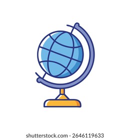 A stylized globe stands against a White Background, featuring a light and dark blue color scheme with yellow accents in cartoonish design.