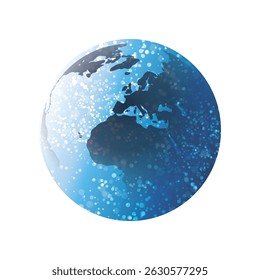 A stylized globe vector icon with glowing white dots and a subtle blue gradient on a white background. The Earth map design suggests global connectivity, data exchange and digital communication.