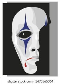 Stylized gloomy face mask with a drop of blood on black and gray background