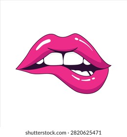 Stylized glossy pink lips biting the lower lip in a vibrant pop art style. Modern vector illustration featuring bold colors, shiny highlights, and a playful expression, isolated on a white background. Ideal for beauty, fashion, cosmetics, makeup, stickers, posters, branding, and graphic design projects.