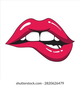 Stylized glossy pink lips biting the lower lip in a vibrant pop art style. Modern vector illustration featuring bold colors, shiny highlights, and a playful expression, isolated on a white background. Ideal for beauty, fashion, cosmetics, makeup, stickers, posters, branding, and graphic design projects.