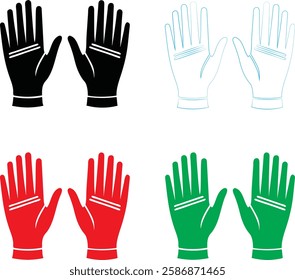 Stylized gloves, geometric hand shapes, minimalist design, color variations, black and white, red, green, symmetrical composition, flat vector style, iconic symbols, hand protection, safety gear, work