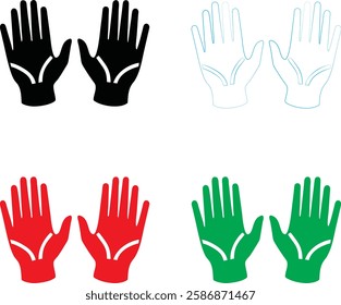 Stylized gloves, geometric hand shapes, minimalist design, color variations, black and white, red, green, symmetrical composition, flat vector style, iconic symbols, hand protection, safety gear, work