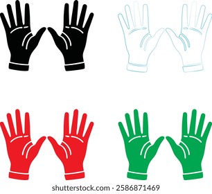 Stylized gloves, geometric hand shapes, minimalist design, color variations, black and white, red, green, symmetrical composition, flat vector style, iconic symbols, hand protection, safety gear, work