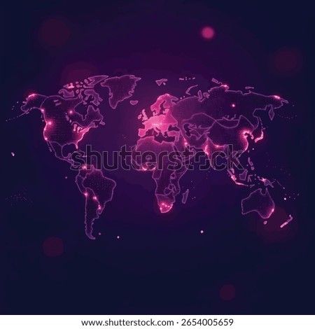 A stylized, glowing pink world map with illuminated points of light representing global connectivity or activity.  The dark purple background enhances the ma...