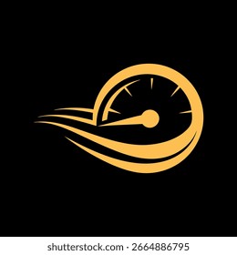 A stylized, glowing yellow speedometer icon with motion blur streaks against a black background, symbolizing speed and performance.