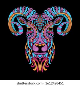Stylized goat in ethnic vector dark background