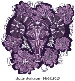 Stylized goat skull with big horns. Background with decorative flowers. Vector illustration. Symbol, emblem, tattoo.