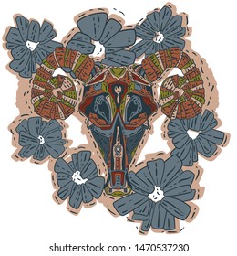 Stylized goat skull with big horns. Background with decorative flowers. Vector illustration. Symbol, emblem, tattoo.