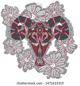 Stylized goat skull with big horns. Background with decorative flowers. Vector illustration. Symbol, emblem, tattoo.