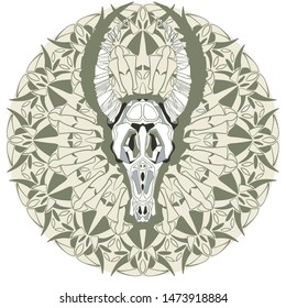 Stylized goat skull with large horns on the background of a round ornament. Vector graphics. Hand drawn illustration.
Symbol, emblem, tattoo.