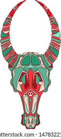 Stylized goat skull with large horns on the background of a round ornament. Vector graphics. Hand drawn illustration.
Symbol, emblem, tattoo. Seamless pattern.