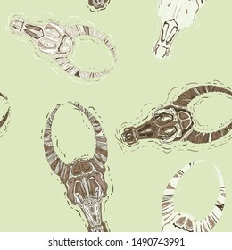 Stylized goat skull with large horns . Vector graphics. Hand drawn illustration.
Symbol, emblem, tattoo. Seamless pattern.