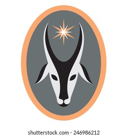 Stylized goat and star sign in oval in black, white, grey, orange colors