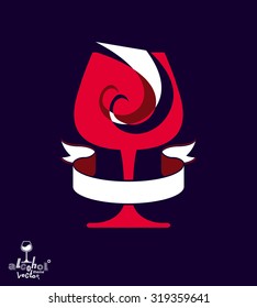 Stylized goblet with wavy ribbon. Elegant artistic wineglass illustration, graphic design elements isolated on dark background.