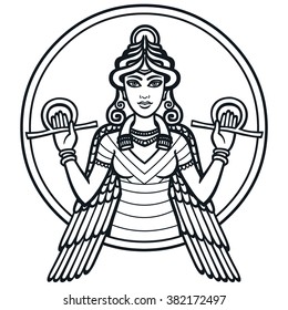 The stylized goddess Ishtar. The black silhouette isolated on a white background.