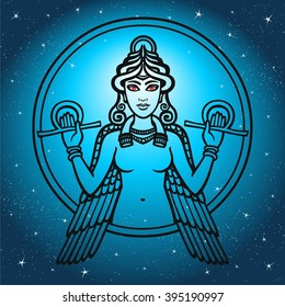The stylized goddess Ishtar. Black silhouette on a blue background, the stellar sky.