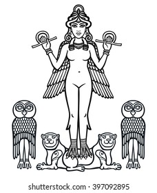 The stylized goddess Ishtar. The black silhouette isolated on a white background.