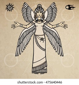 Stylized goddess Ishtar. Character of Sumerian mythology. Full growth. Space symbols.Background - imitation of old paper. Vector illustration. Background - imitation of old paper. Vector illustration.