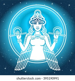 The stylized goddess Ishtar. White silhouette on a blue background, the stellar sky.