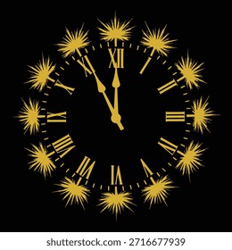 Estilizado reloj de oro y negro mostrando cinco minutos a la medianoche. Un dramático concepto de cuenta regresiva, fecha límite o límite de tiempo para la Nueva Nochevieja con un toque antiguo, vintage y elegante.