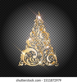 Stylized Gold Christmas tree on transparent background. Bright shiny design. Symbol of Happy New Year, Merry Christmas holiday celebration. Golden glitter light decoration. EPS10